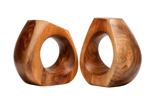Pair of smooth light brown wooden teardrop shapes with central circular holes abstract - Powered by Adobe