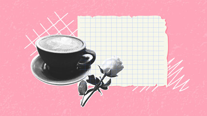 Aromatic morning coffee. Trendy halftone collage. Monochrome elements. Collage of torn paper, a coffee cup, and a half-bloomed rose.