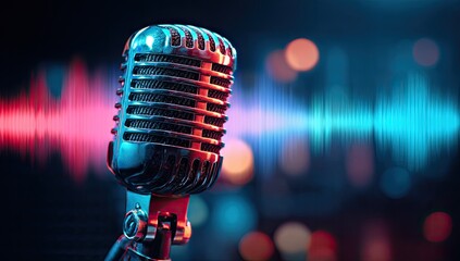 Classic chrome microphone with vibrant sound waves and bokeh lights on dark background