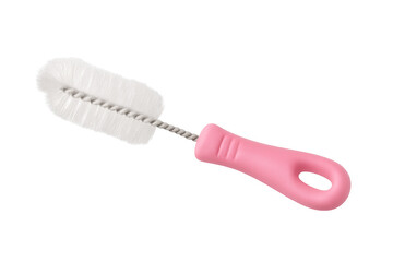 Bottle brush cleaning tool with pink handle on transparent background