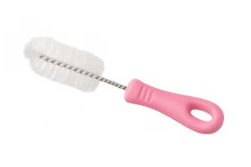 Bottle brush cleaning tool with pink handle on transparent background