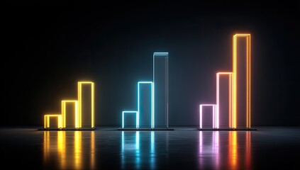 Abstract glowing bar graphs in yellow, blue, and orange ascending on a dark ground