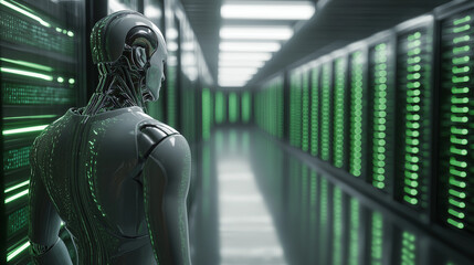 Humanoid AI robot standing in a futuristic corridor, symbolizing artificial intelligence integration, surveillance, and advanced technological infrastructure.
