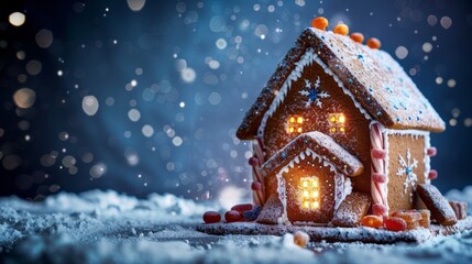 Gingerbread house dusted with powdered sugar against dark blue winter backdrop with a place for text. AI generative
