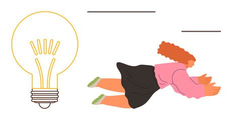 Innovation, creativity, imagination, brainstorming, ideas abstract thinking. Person floating beside a light bulb. Innovation and creativity concept. Line metaphor. Simple line icons © robu_s