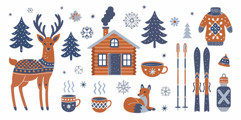 Winter wonderland scene with reindeer cabin and cozy seasonal elements © Bijon