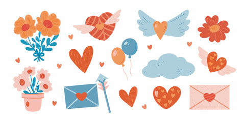 A charming collection of love themed illustrations hearts flowers balloons and letters