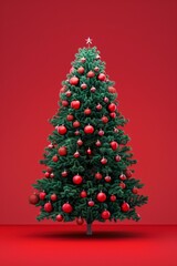 Realistic Christmas tree decorated with baubles and stars on a red background. AI generative