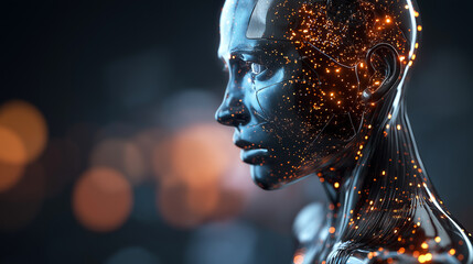 Futuristic humanoid face composed of glowing digital particles, symbolizing artificial intelligence, consciousness, and advanced technology.
