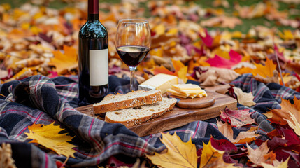 Picnic blanket with bread, cheese board and bottle of red wine surrounded by colorful autumn leaves. AI generative