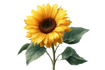 Single bright yellow sunflower with dark brown center and green leaves on black background bloom blossom