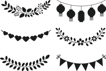 Decorative Garland Silhouette Vector Set Floral and Banner Elements
