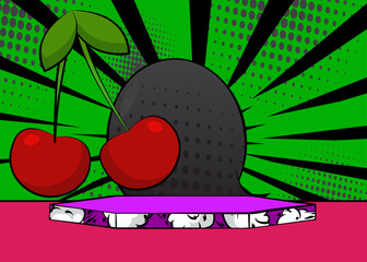 Comic Book Product podium stage for mockup presentation with Cherry. Retro comics background.