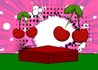 Comic Book Product podium stage for mockup presentation with Cherry. Retro comics background.