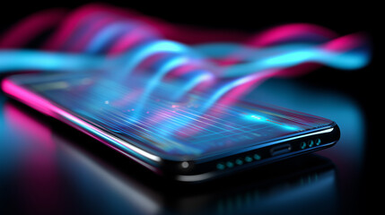 Modern smartphone illuminated by colorful light waves represents digital connectivity and futuristic mobile technology.
