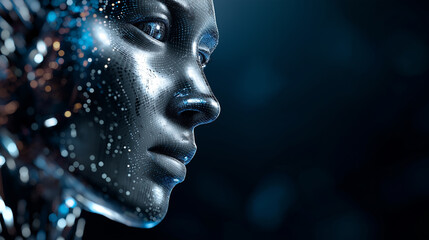 Close up portrait of a futuristic humanoid face with glowing digital particles, symbolizing artificial intelligence and advanced technology.
