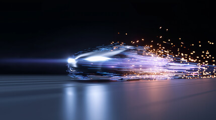 High speed futuristic vehicle with light trails symbolizing artificial intelligence acceleration and advanced mobility.
