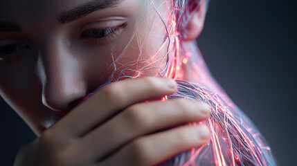 Woman holding her face with visible neural network overlay, symbolizing pain, stress, and neurological health.
