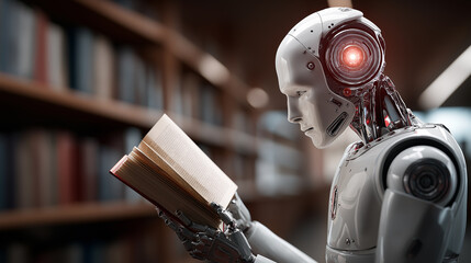Humanoid robot reading a book in a library representing artificial intelligence, learning, and the fusion of knowledge and technology.
