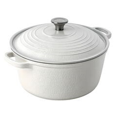 Hammered Texture White Ceramic Cooking Pot with Lid and Handles Isolated on White