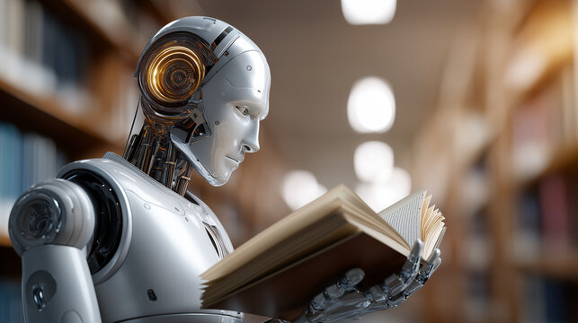 Humanoid robot reading a book in a library representing artificial intelligence, learning, and the fusion of knowledge and technology.
- Powered by Adobe