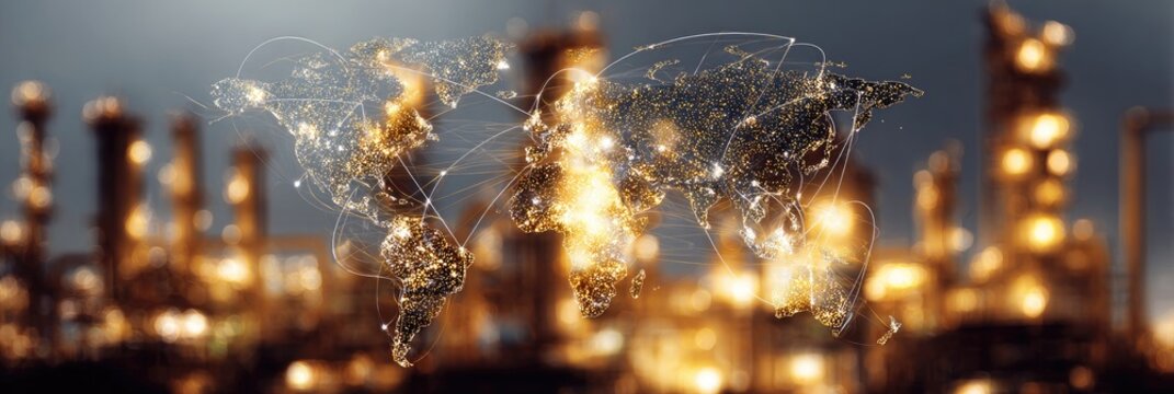 Illuminated world map overlaid on a blurred industrial setting, symbolizing global connectivity - Powered by Adobe