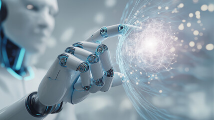 Robotic hand interacting with a glowing digital energy sphere representing artificial intelligence, innovation, and advanced data interaction.
