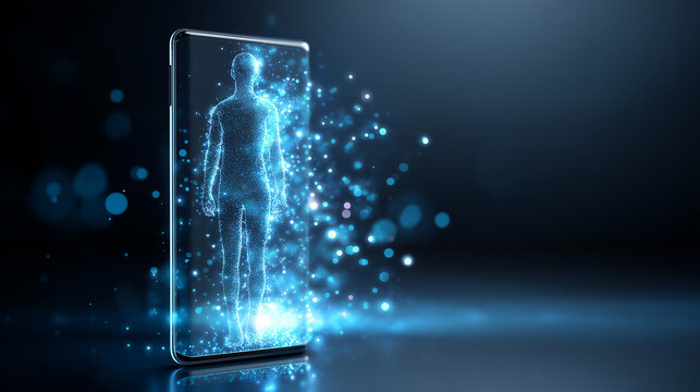 Holographic human silhouette emerging from a smartphone representing digital identity, virtual presence, and future technology.
- Powered by Adobe
