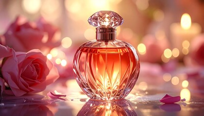 A luxurious perfume bottle with a crystal cap, illuminated by soft light and roses, with bokeh effect