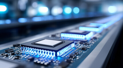 Microchips moving on an automated production line in a high-tech factory representing semiconductor manufacturing and advanced technology.
