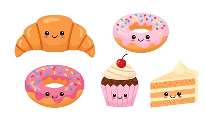 Colorful Cartoon Pastries and Desserts Set.