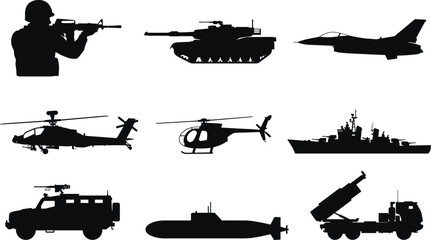 Military vehicle and personnel icon set, tank, jet, helicopter, warship, submarine, soldier, black silhouette graphics, defense symbols © Sopon Creatives