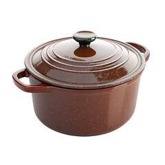 Brown Speckled Ceramic Casserole Dish with Lid and Handles Isolated on White Background