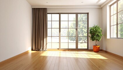 Bright room, window, plant, wood floor, tan curtains