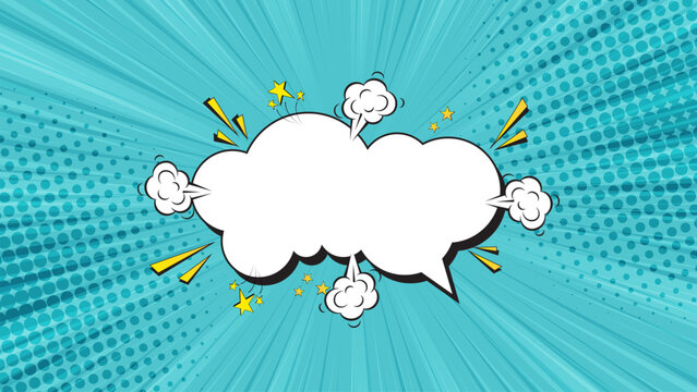 Comic book abstract blue background with starburst pattern. Comic blank text speech bubbles in pop art style