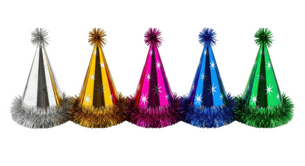 Six vibrant metallic party hats with starburst patterns and tinsel fringe, arranged horizontally on a transparent background with copy space, subtle shadows, birthday celebration atmosphere