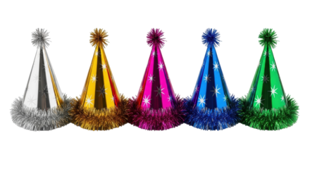 Six vibrant metallic party hats with starburst patterns and tinsel fringe, arranged horizontally on a transparent background with copy space, subtle shadows, birthday celebration atmosphere