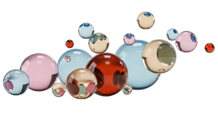Abstract composition of colorful reflective spheres in various sizes with shiny surfaces on transparent background