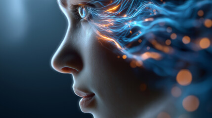 Side profile of a focused human face illuminated by fast moving digital light trails, symbolizing speed, data, and modern technology.
