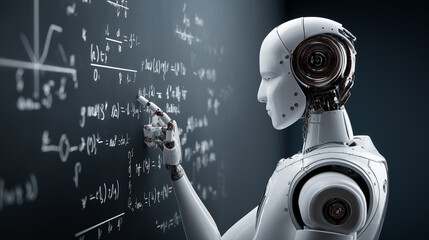 Humanoid robot writing mathematical equations on a board, symbolizing artificial intelligence reasoning, analysis, and problem solving.
