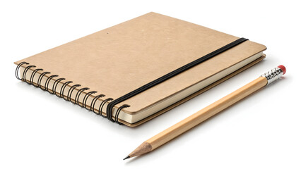 Brown spiral notebook and pencil on white background