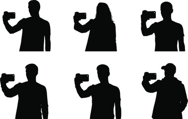 Set of male and female selfie taking silhouettes holding smartphone for social media content creation isolated on white background