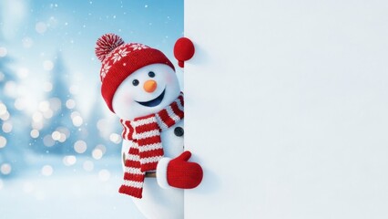 A cheerful, round snowman wearing a cozy red knitted hat and a striped scarf happily peeks out from behind a large blank white sign, smiling warmly in a snowy, bokeh-filled winter setting.