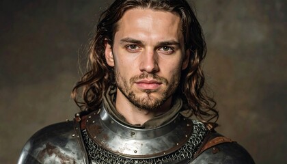 A close-up portrait shows a man with long, wavy brown hair and a short beard. He is wearing armor, looking at the viewer