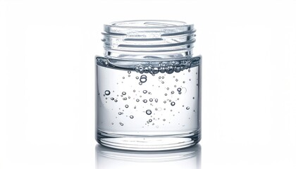 Clear liquid in small jar with bubbles, white background