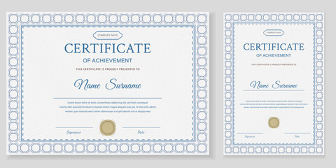 Professional certificate of achievement template set in landscape and portrait layouts. Elegant blue guilloche border with gold seal and editable text. Vector illustration for diploma or award.