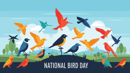A vibrant illustration celebrating National Bird Day with a diverse flock of colorful birds in flight and perched on branches against a scenic landscape.