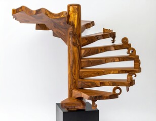 Wooden spiral staircase sculpture on black base