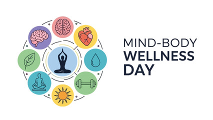Mind-Body Wellness Day illustration featuring icons for health, fitness, and mental well-being.