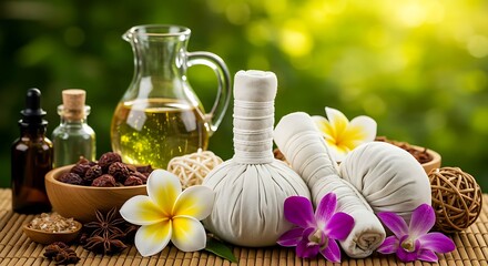 Herbal Spa Massage Oil Bottles and Flowers on Bamboo Mat
